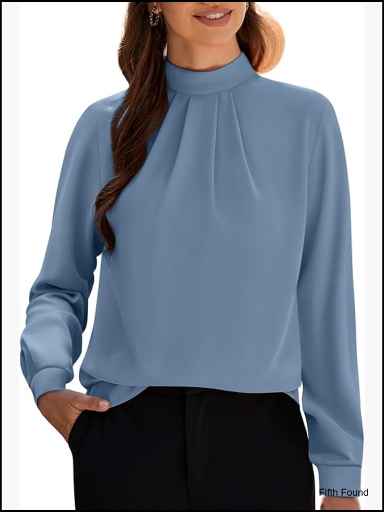 Long Sleeve Mock Neck Tunic Blouse Dressy Casual Work Chiffon Shirt